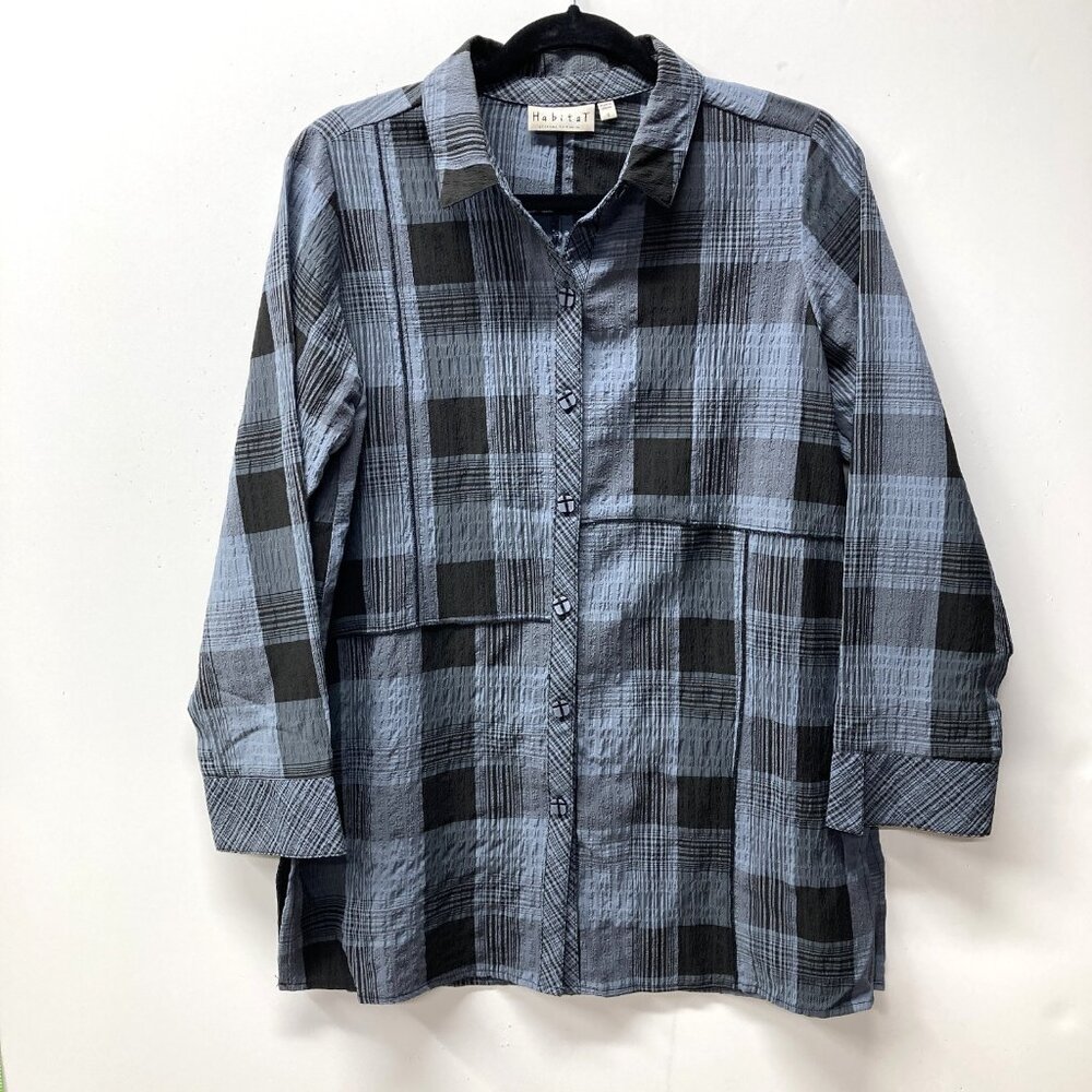 Habitat Casual Tunic Top, Size Small, Blue Gray Plaid Texture 3/4 Sleeve Buttons